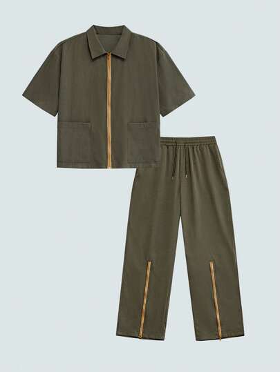 Modcrash Men's New Zip-Up Short Sleeve & Long Pants 2 Piece Set, Casual Street Style, Suitable For Spring/Summer Outdoor & Daily Wear , Retro American, Unisex, Relaxed Fit Summer Outfits – Suitable For Everyday Wear And Summer Holiday Outfits.