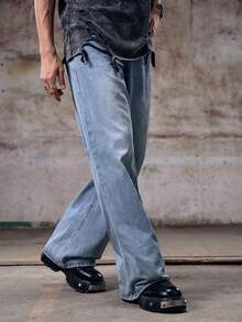 Skyrend Men's Solid Color Wide Leg Denim Jeans With Slanted Pockets Baggy Long Washed Flare Jean Cargo Plain Light Blue Party Street Wear Rapper Street Going Out Hang Out College Sport - Light Wash - View 6