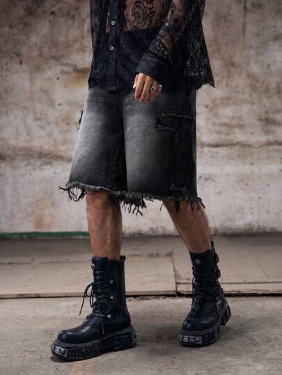 Skyrend Quần short denim rộng rãi màu đen dành cho nam có túi và viền rách, quần short đa năng