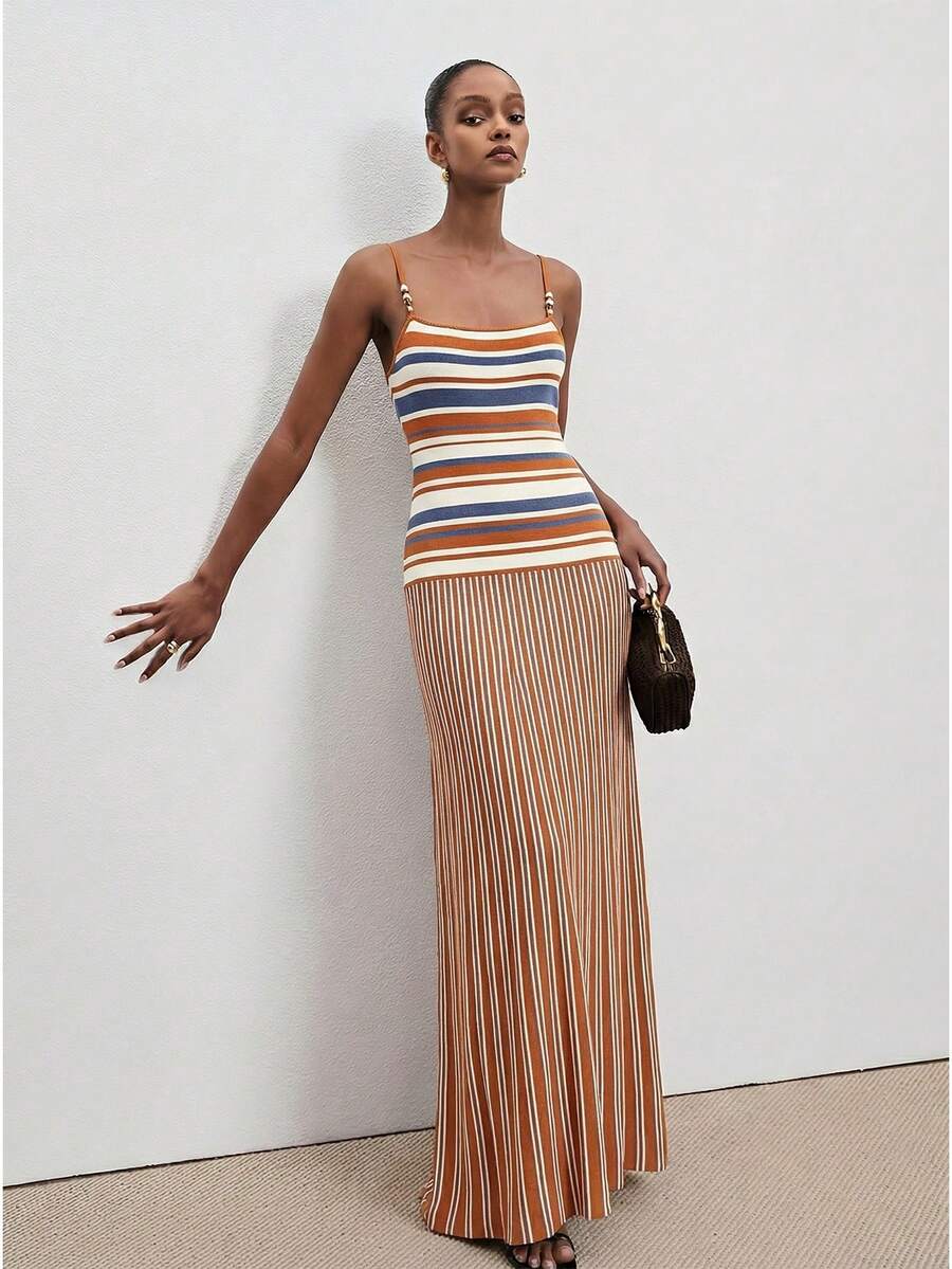 女士条纹串珠吊带针织连衣裙 - 深灰色 - 查看 1