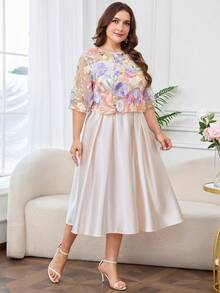 Reflora Plus Size Beige Elegant Wedding Guest Dress For Women,Floral Pattern Embroidery Satin Round Neck Luxury Evening Dress,Summer Spring Party Outfits - Multicolor - View 6