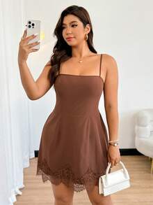 Easura Plus Size Women's Spaghetti Strap Cropped Contrast Lace Dress, Brown, Elegant & Fashionable For Dates And Outings, Versatile - Coffee Brown - View 8