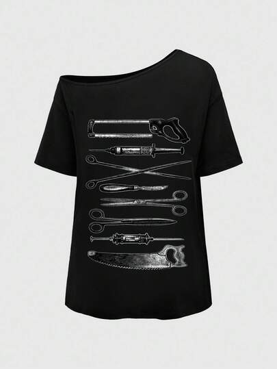 ROMWE Grunge Punk Áo thun đen trơn, phong cách punk rock, gợi cảm, cá tính, vai lệch, cơ bản, mùa hè, thường ngày, cổ điển, cỡ lớn, vai lệch.