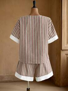 Zaforene Plus Size Women's Striped Print Round Neck Short Sleeve Top And Shorts Set, White, Summer, Casual, Beach Formal Vacation, Holiday 2 Pieces Outfits - Multicolor - View 3