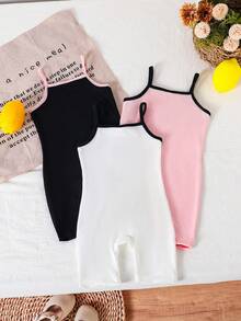 SHEIN Bộ áo liền quần và quần short dệt kim dễ thương 3 món cho bé gái, thích hợp cho mùa hè. - Nhiều màu - Xem 8