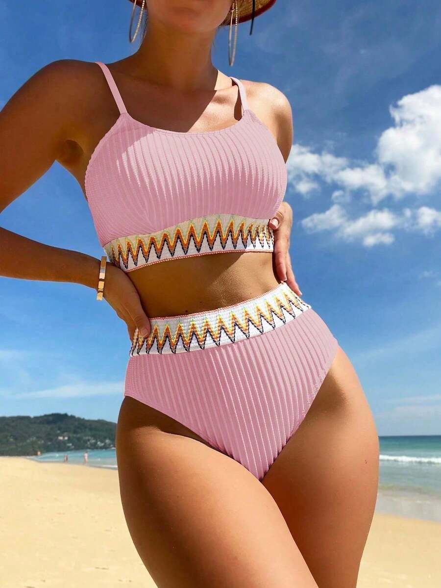 Swim Vcay Đồ bơi nữ mùa hè, bikini cạp cao, có dây buộc. - Hồng - Xem 1