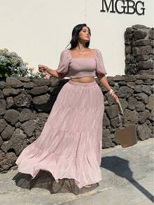 Sunnyshic Plus Size Gold Lace Vacation Loose Two Pieces Set, Spring/Summer - Dusty Pink - View 4