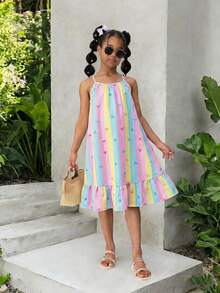 SHEIN Tween GirlsRainbow Striped Print Sleeveless Ruffle Hem Casual Vacation Dress - Multicolor - View 1