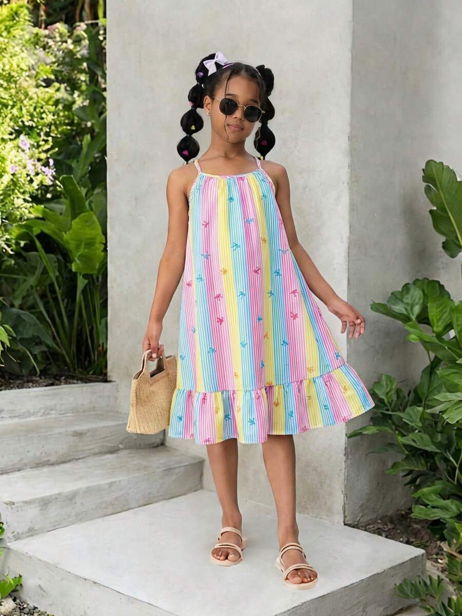 SHEIN Tween GirlsRainbow Striped Print Sleeveless Ruffle Hem Casual Vacation Dress - Multicolor - View 1