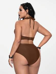 ROMWE Goth Conjunto de bikini de talla grande para mujer con diseño de murciélago gótico, tirantes ajustables, unicolor, espalda descubierta y nudo delantero, para el verano - Marrón - Ver 3