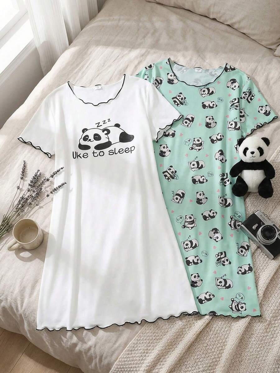 女童简约可爱熊猫印花短袖长款睡衣家居服套装,白色和粉色 - 綠色 - 查看 1