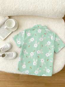 SHEIN 1 buah Kemeja Lengan Pendek Lembut Motif Kelinci Vintage untuk Anak Laki-laki, Gaya Sekolah Nyaman & Praktis untuk Musim Panas, Seragam Keluarga, Pakaian Sehari-hari, Paskah - Mint Green - View 2