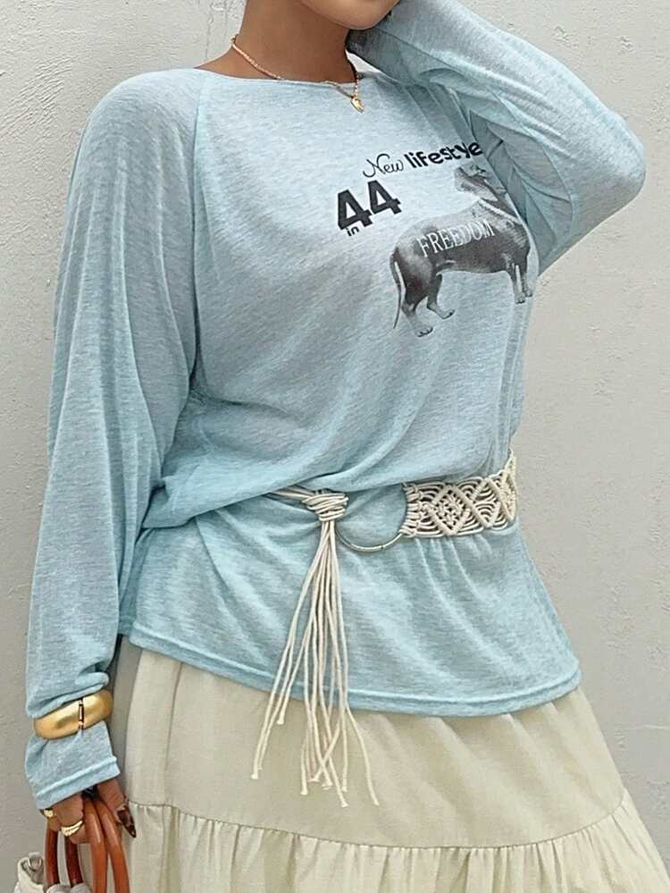 Dazy Plus Loose Fit Letter & Cartoon Dog Print Long Sleeve Casual Vacation Summer Top, Plus Size Women T-Shirt