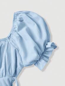 SHEIN MOD 女士纯色方领花瓣袖系腰中长连衣裙 - 淺藍色 - 查看 6