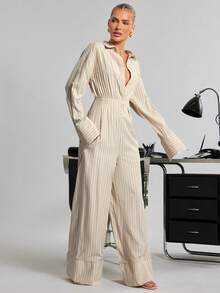 Hauture Bộ jumpsuit nữ dài tay cổ bẻ kẻ sọc gợi cảm, phong cách công sở thường ngày. - Màu Khaki - Xem 4