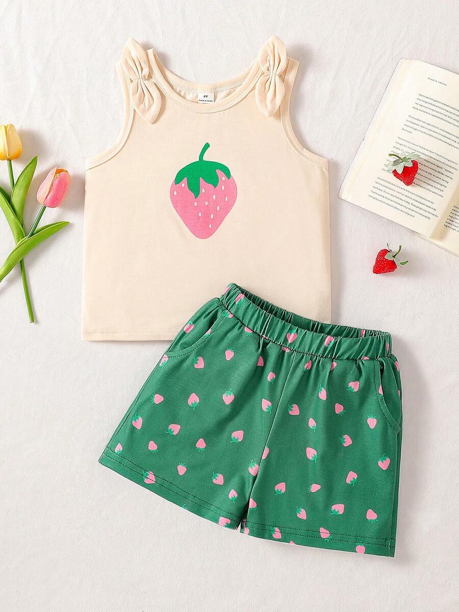 SHEIN Playful Pals Bộ đồ thường ngày dễ thương gồm áo vest trang trí nơ và quần short in hình dâu tây cho bé gái, thích hợp cho mùa xuân/hè. - Màu be - Xem 1