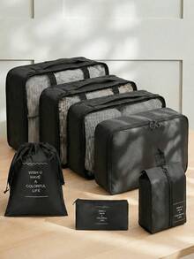 7pcs Travel Packing Bags, Large Capacity Multi-Function Zipper Storage Bags, Hand-Held Travel Bag, Storage Bag, Mesh Bag, Shoe Bag, Bottle Sleeve, Drawstring Bag, General Bag, Luggage Bag, Underwear Storage Bag, Hospital Bag, Shirts, Underwear, Clothes,Easy To Pack, Business Trip, Travel For Holiday - Black - View 1