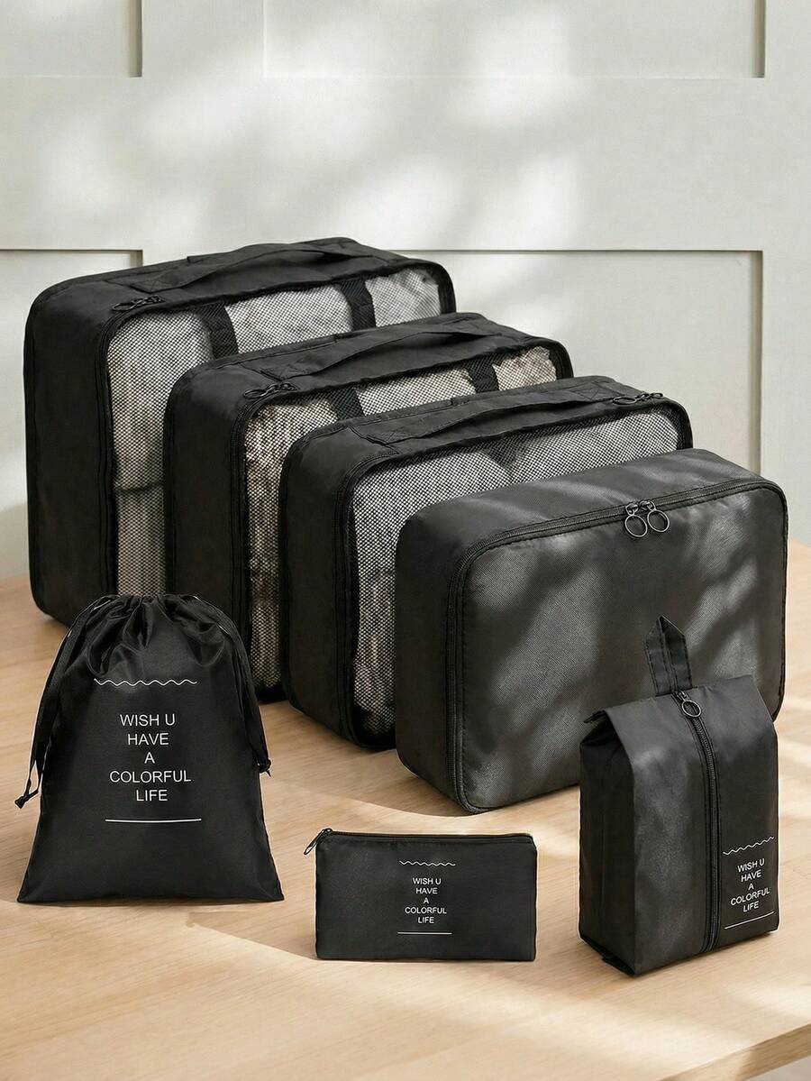 7pcs Travel Packing Bags, Large Capacity Multi-Function Zipper Storage Bags, Hand-Held Travel Bag, Storage Bag, Mesh Bag, Shoe Bag, Bottle Sleeve, Drawstring Bag, General Bag, Luggage Bag, Underwear Storage Bag, Hospital Bag, Shirts, Underwear, Clothes,Easy To Pack, Business Trip, Travel For Holiday - Black - View 1