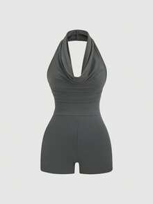 Sweetra Bộ jumpsuit bó sát 3 kiểu mặc: không dây/cổ yếm/vai lệch, co giãn, thoải mái, đa năng. - Màu xám đen - Xem 5