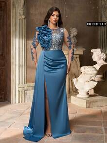 Aureia Petite Curve 大码优雅船领奢华串珠刺绣拼接塔夫绸3D荷叶边装饰长袖高开衩薄纱罩衫连衣裙，适合派对、庆典、婚礼、正式晚宴（精致设计） - 藍色 - 查看 8