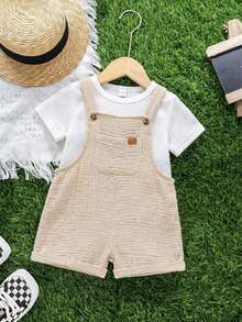 Newborn Baby Boy Cute Versatile Solid White Gauze Bib Pants Romper, Spring/Summer Unisex Baby Clothes Baby Bou Clothes Cotton Baby Clothes Babies Clothes For Boy Baby Summer Clothes - Apricot - View 4