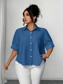 Elenzga 大码女士优雅端庄纯色泡泡袖短袖衬衫，后背褶裥设计，A字下摆，全纽扣前襟 - 藍色 - 查看 4