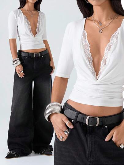 LYSMO 2026 New Arrive Minimalism Spring/Summer Women's Elegant Sexy Solid Color Lace Splice Draped Neck T-Shirt