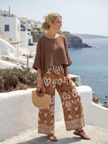 Faunlyn 两件套女装：纯色圆领不对称下摆上衣和印花半身裙，棕色印花阔腿裤，波西米亚风上衣和裤子，波西米亚风两件套连衣裙，波西米亚风女装，波西米亚风休闲长裙，棕色大码连衣裙，度假装，休闲女裙，休闲女裙 - 彩色 - 查看 4