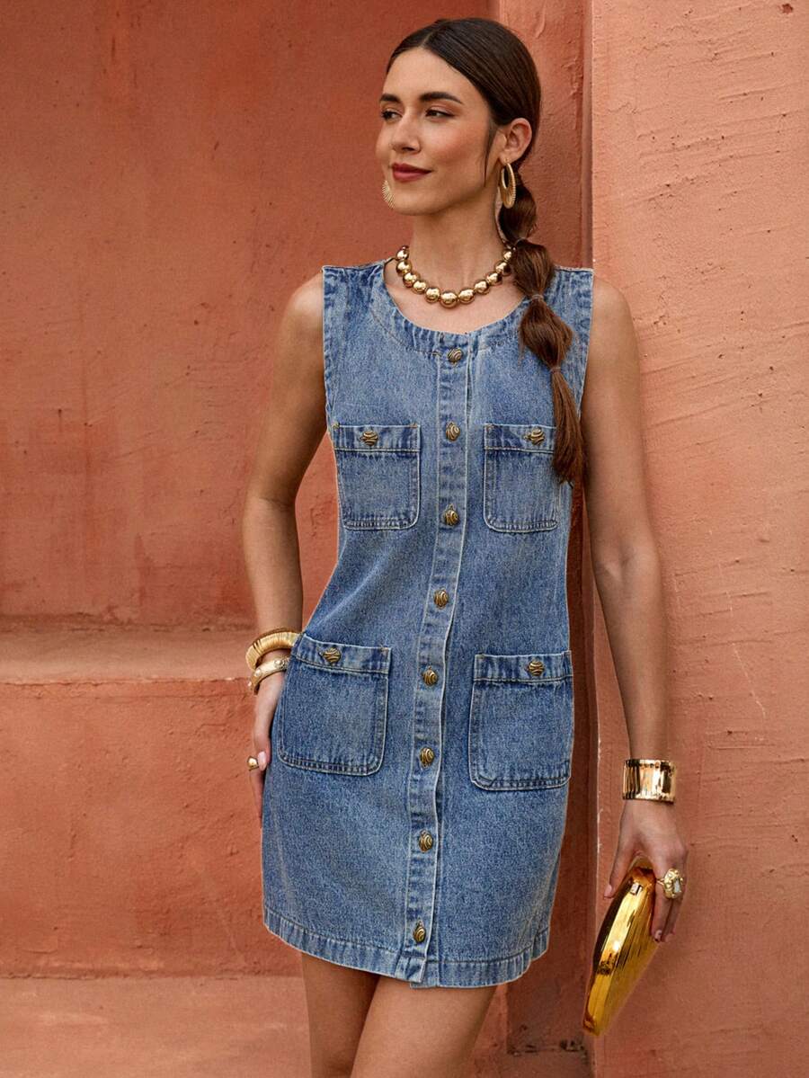 Selianne Đầm denim không tay cài cúc phía trước dành cho nữ - Màu xanh lam - Xem 1