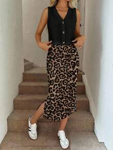SHEIN LUNE Bộ đồ nữ gồm áo khoác cardigan cài nút và chân váy ngắn, thích hợp cho mùa xuân và mùa hè. - Nhiều màu - Xem 6