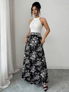 SHEIN Elenzya French Style Women's Summer New Arrival Distinctive Design Cinched Waist Floral Print Halter Neck Dress - Multicolor - View 6