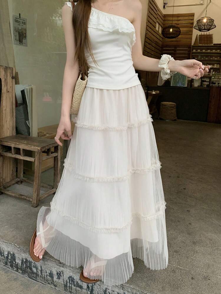 Women's Solid Color Ruffled Hem Elegant Mesh A-Line Skirt, Korean Style