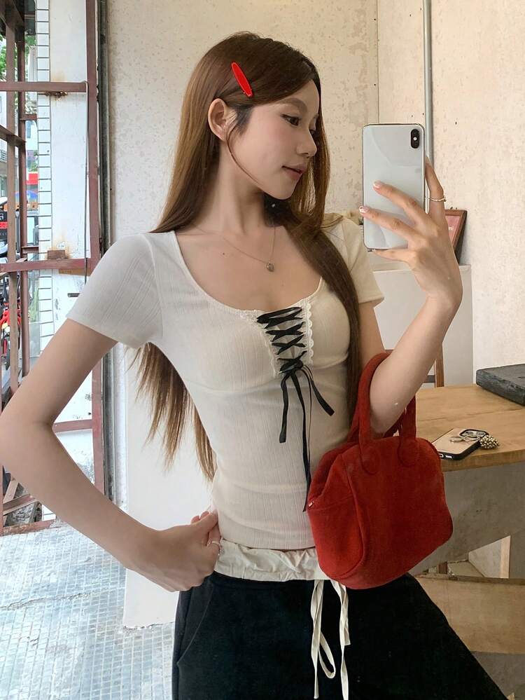 Women's Oversized Scoop Neck Short Sleeve Tie Front T-Shirt