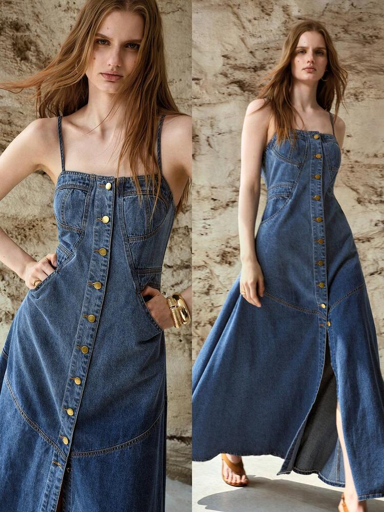 WOMEN'S SLEEVELESS SPLIT HEM LONG DENIM DRESS, AUTUMN/WINTER