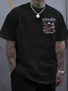Manfinity Dauomo Summer Street Style Racing Crew Neck Short-Sleeved T-Shirt, Printed T-Shirt, Men's Top - Black - View 3