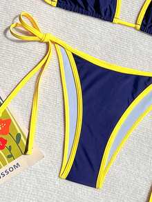 Bonvoyette Vacation Beach Contrast Color Trim Bikini Set Yacht Outfit Women Women Swim Suit Set - Navy Blue - View 5