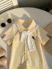SHEIN Unisex Newborn Baby 2pcs/Set Blue & White Striped Short Sleeve Romper And Khaki Knit Shawl Set, Spring/Summer Baby Boy Clothes, Outfits - Yellow - View 6