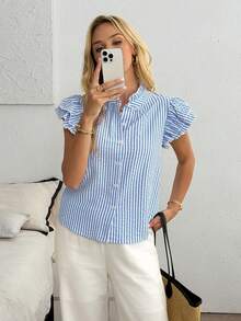 SHEIN LilyWest Women's Striped Single-Breasted Casual Versatile Daily Wear Shirt Puff Sleeve Blouse Button Up Tops Short Sleeve Blouses Women Summer Shirts Striped Shirt Women Striped Blouses Women's Tops And Blouses Work Blouses Ruffle Sleeve Tops Work Outfits Women Women's Shirts For Summer Shirts For Ladies Casual Blouses For Women New Elegant Casual Blouses For Women Summer - Apricot - View 3