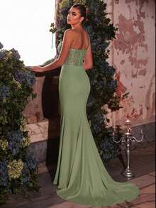 Glamrae Chân váy đuôi cá xếp ly co giãn, sang trọng, đính cườm và sequin họa tiết hoa, thích hợp cho đám cưới, tiệc tùng, kỳ nghỉ, dạ hội và các dịp trang trọng (đính kèm nhiều chi tiết). - màu xanh lá - Xem 2