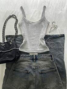 Glimmora 女士蝴蝶结刺绣罗纹休闲吊带背心 - 淺灰色 - 查看 2