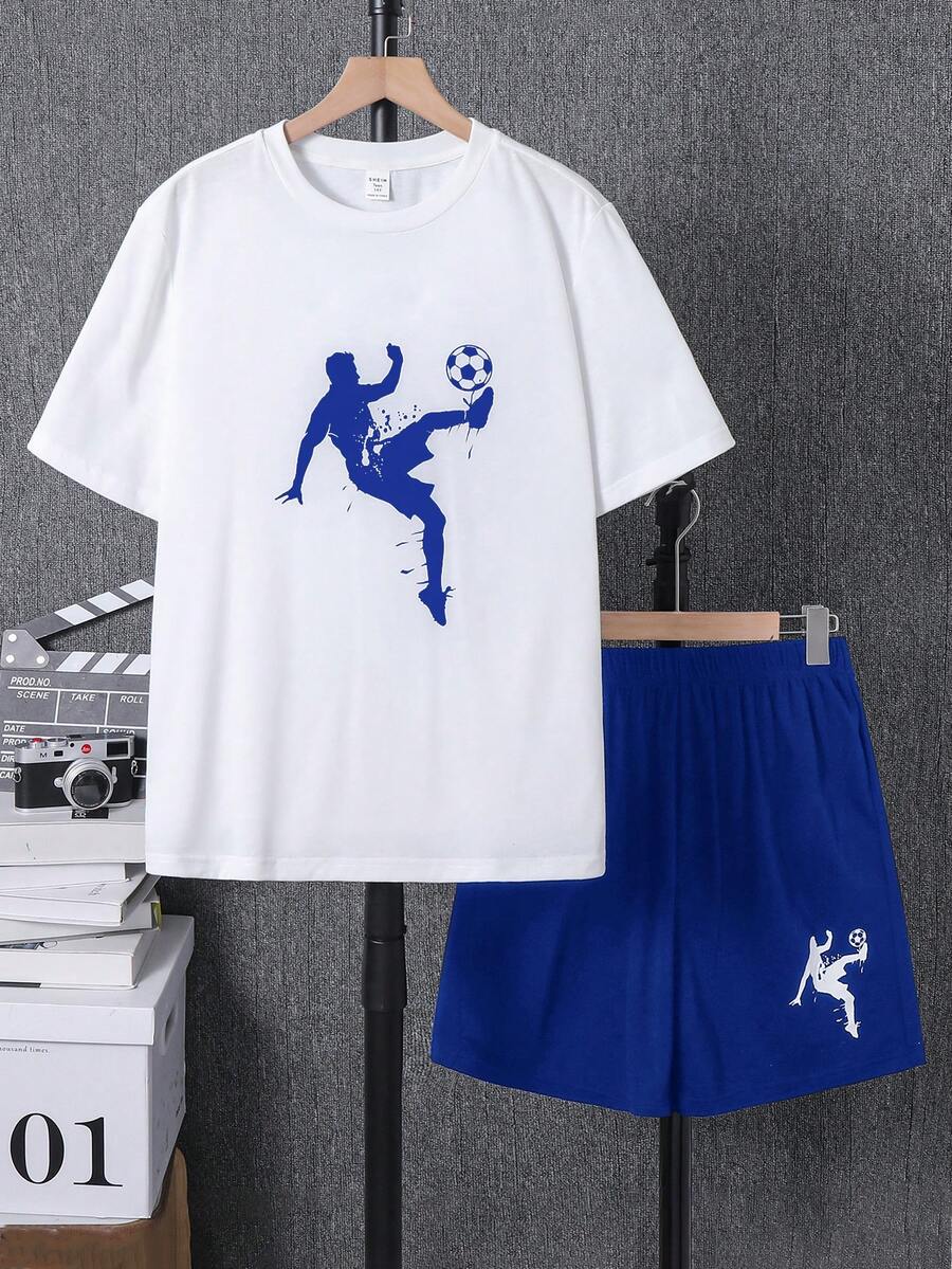 SHEIN Teen Boy White Summer Streetwear Loose Short Sleeve Shorts Set,Suitable For Daily Use,Sports,School,Parties,Weddings,Performances & Opening Ceremonies - Royal Blue - View 1