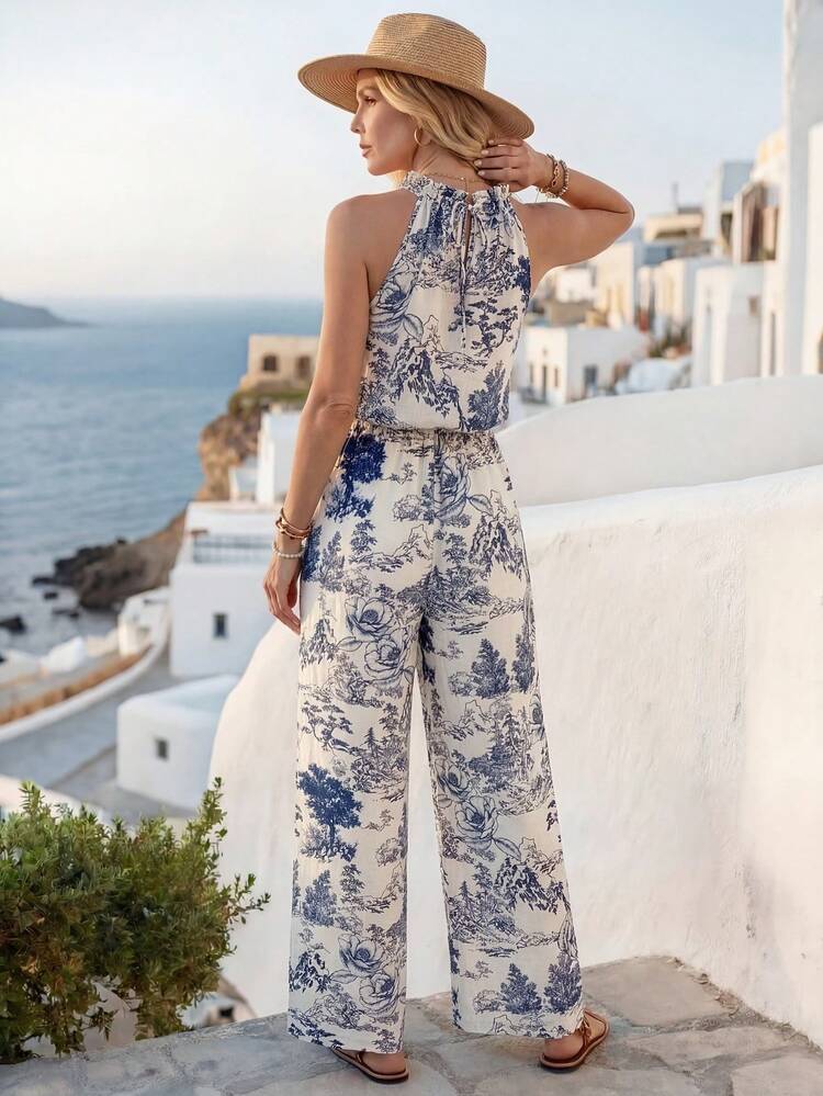 Women's Vacation Summer All-Over Print Cinched Waist Halter Jumpsuit Summer Outfits For Women Vacation Outfits Women Holiday Outfits For Women Summer Holiday Outfits Women's Jumpsuit Jumpsuits For Women Summer Rompers For Women Vacation Going Out Outfit