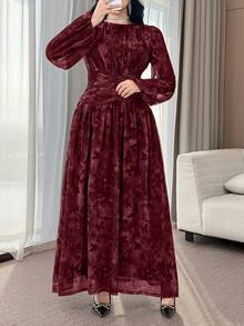 Feyla Plus Size Elegant Butterfly Print Waist Cinched Long Dress - Multicolor - View 5