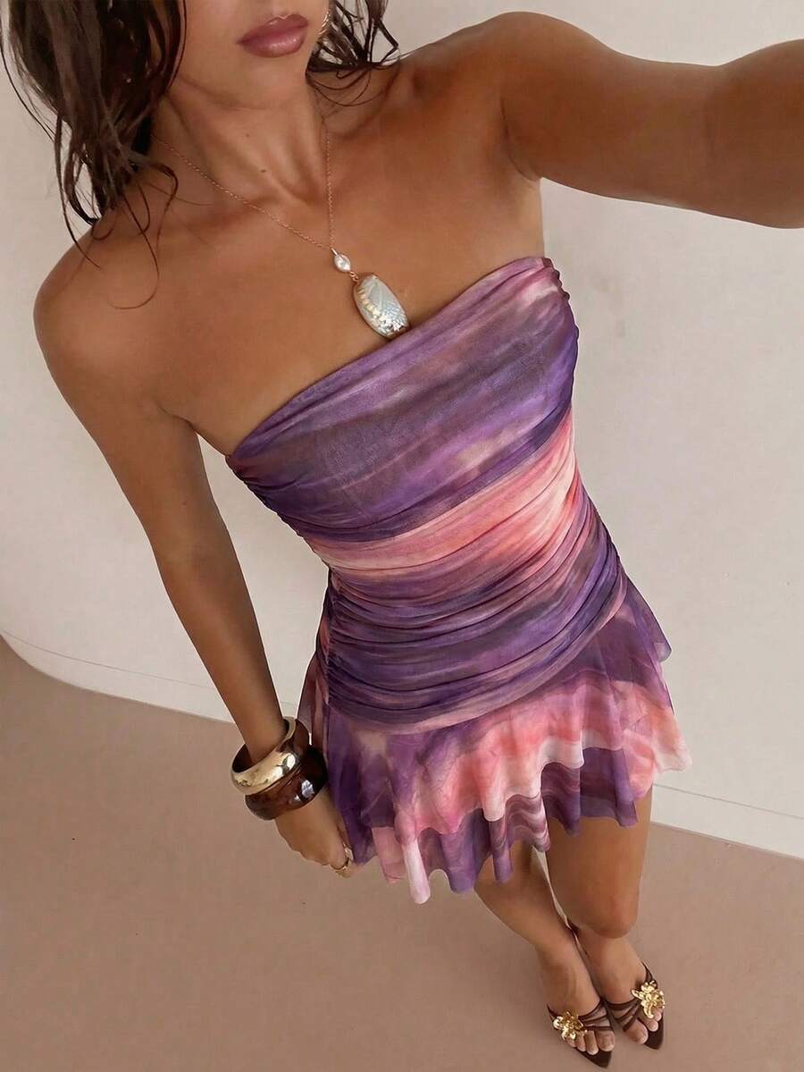 SHEIN BAE 女士休闲度假网纱印花褶皱下摆A字迷你连衣裙，适合海滩度假、姐妹度假、休闲外出、姐妹约会、浪漫约会、休闲度假、无肩带印花连衣裙、音乐节、性感可爱连衣裙、渐变粉色连衣裙 - 粉色 - 查看 1