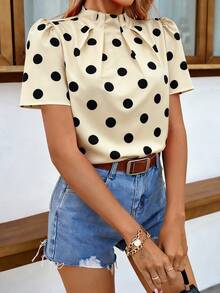 SHEIN PETITE 女士波点印花褶皱领短袖衬衫，春夏款 - 杏色 - 查看 4