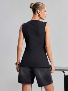 SHEIN Haute Áo vest thời trang nữ cổ chữ V sâu, thiết kế cúc kim loại - màu đen - Xem 5