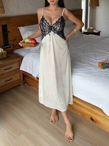 DAZY Lace Patchwork Sleeveless Maxi Slip Dress, Women Summer Nightgown - White - View 7