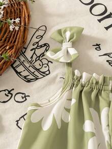1件女婴夏季绿色碎花吊带蝴蝶结连体衣，荷叶边下摆，宽松休闲可爱婴儿连体裤 - 綠色 - 查看 6
