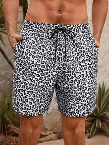 Manfinity VDAYZ 1 chiếc quần short đi biển mùa hè dành cho nam, họa tiết da báo, cạp chun, dáng rộng, có dây rút. - Nhiều màu - Xem 6