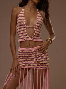 MUSERA Đầm ngắn dệt kim sọc cổ chữ V xẻ sâu, tua rua cực kỳ gợi cảm, dễ thương, thích hợp cho mùa hè, kỳ nghỉ, đi chơi, Ibiza, hoàng hôn, thắt dây. - Nhiều màu - Xem 2